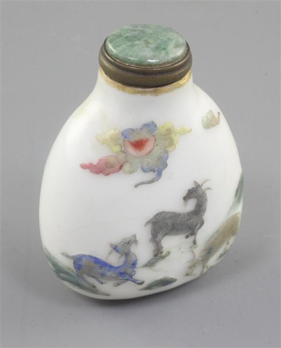 A rare Chinese famille rose moulded snuff bottle, probably Jiaqing period, height 6.5cm, hairline cracks